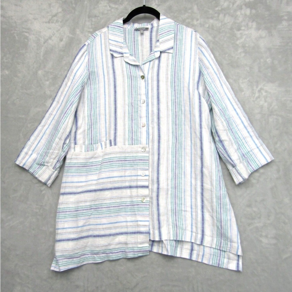Habitat Asymmetrical Striped Artsy Lagenlook Button Up Blouse Linen Blend Large